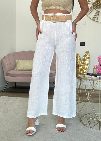 Pantalone Lino Bianco con Cintura