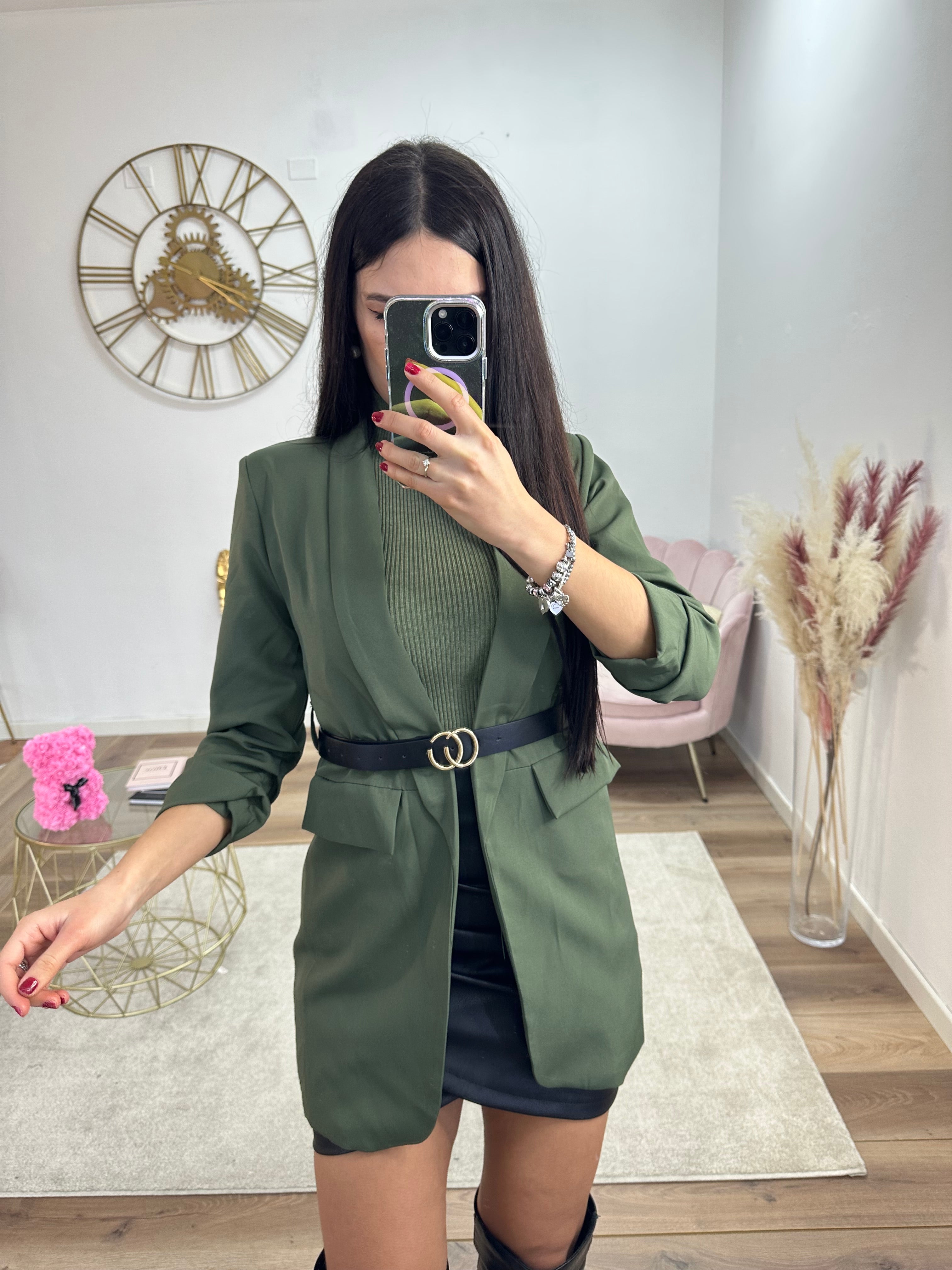 Blazer lungo verde con cintura