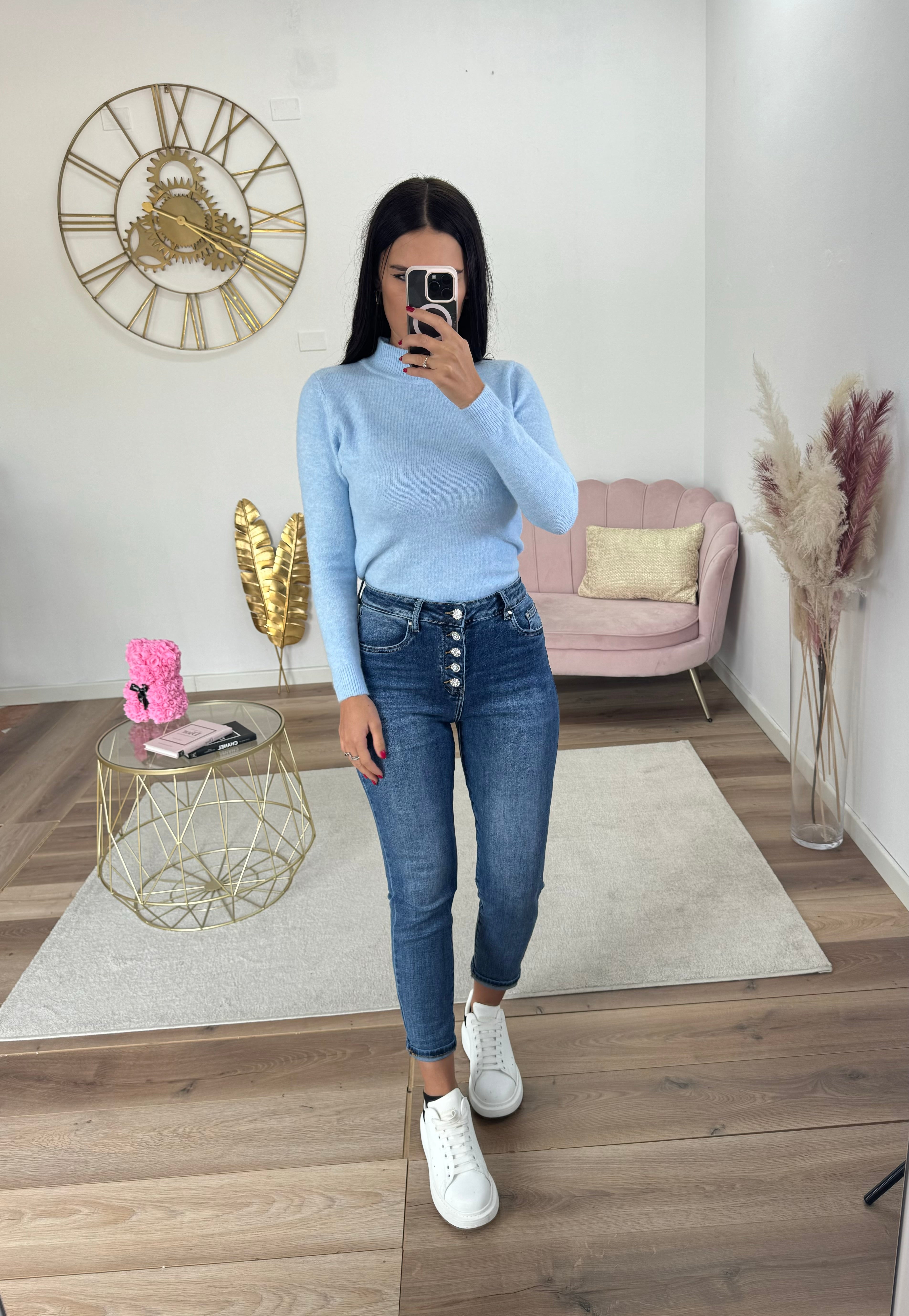 Jeans Mom Fit Bottoni Gioiello Denim