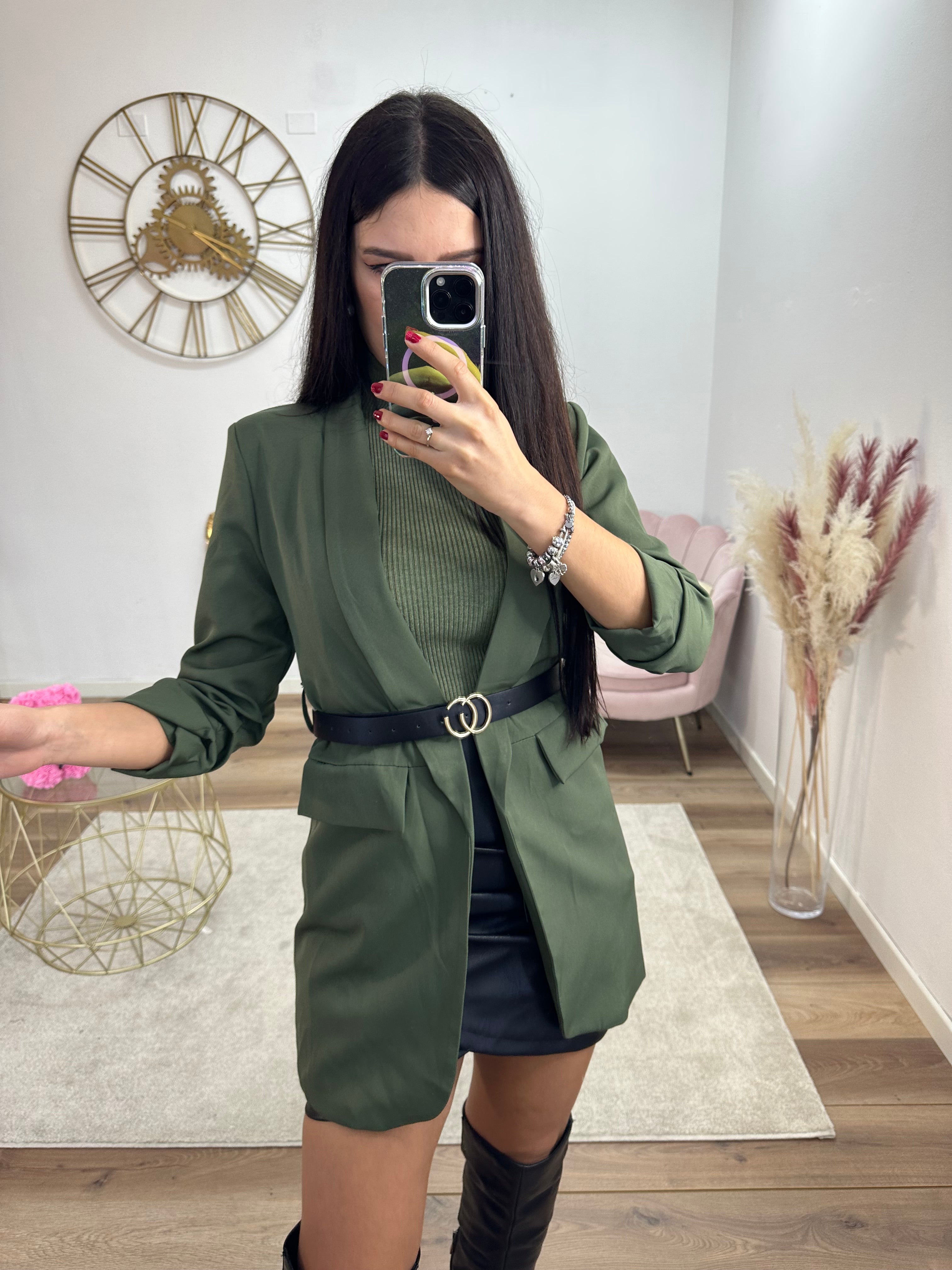 Blazer lungo verde con cintura