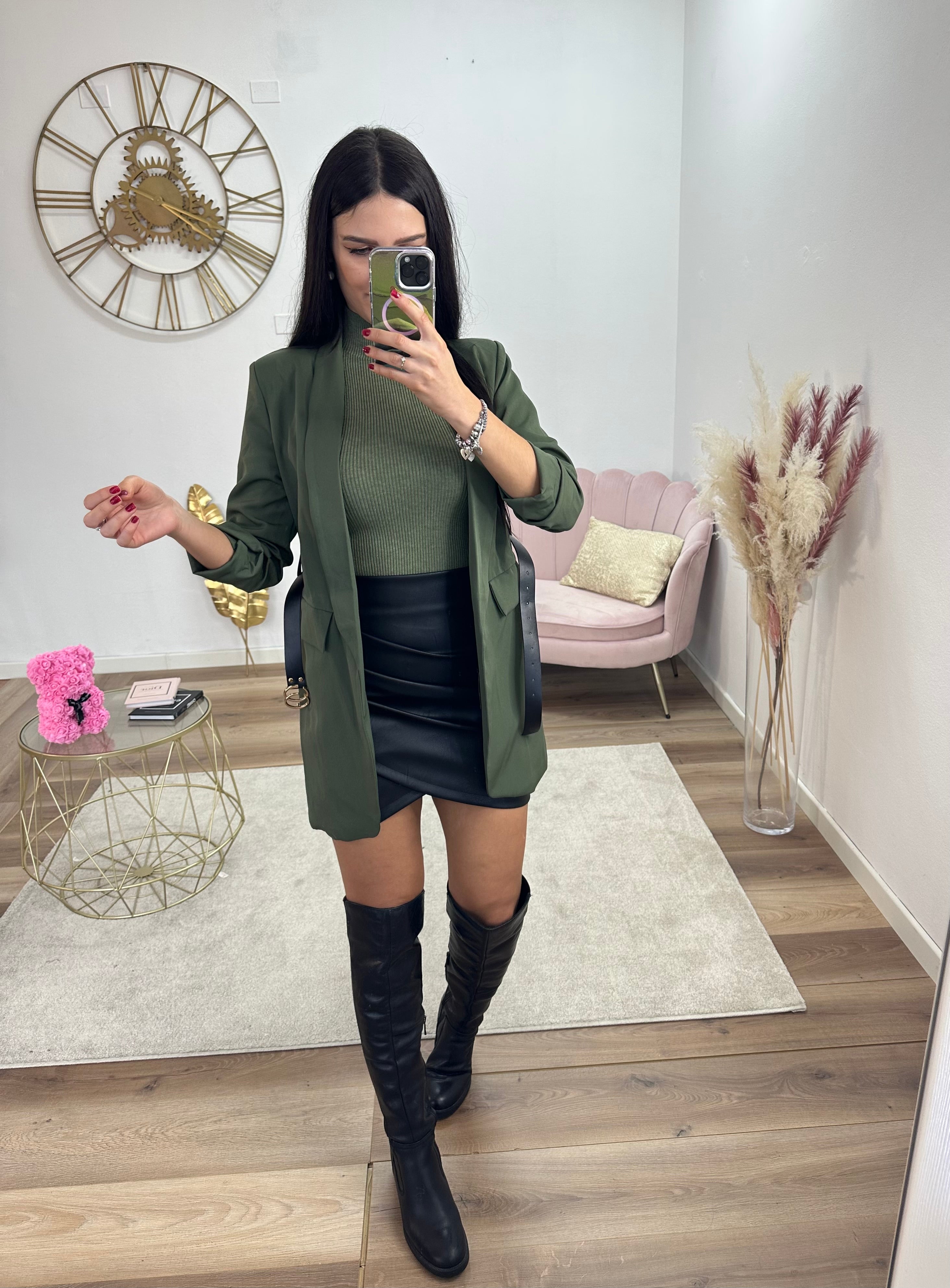 Blazer lungo verde con cintura