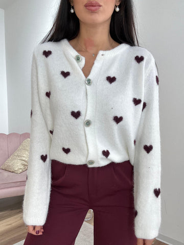 Cardigan Con cuoricini bianco e bordeuax
