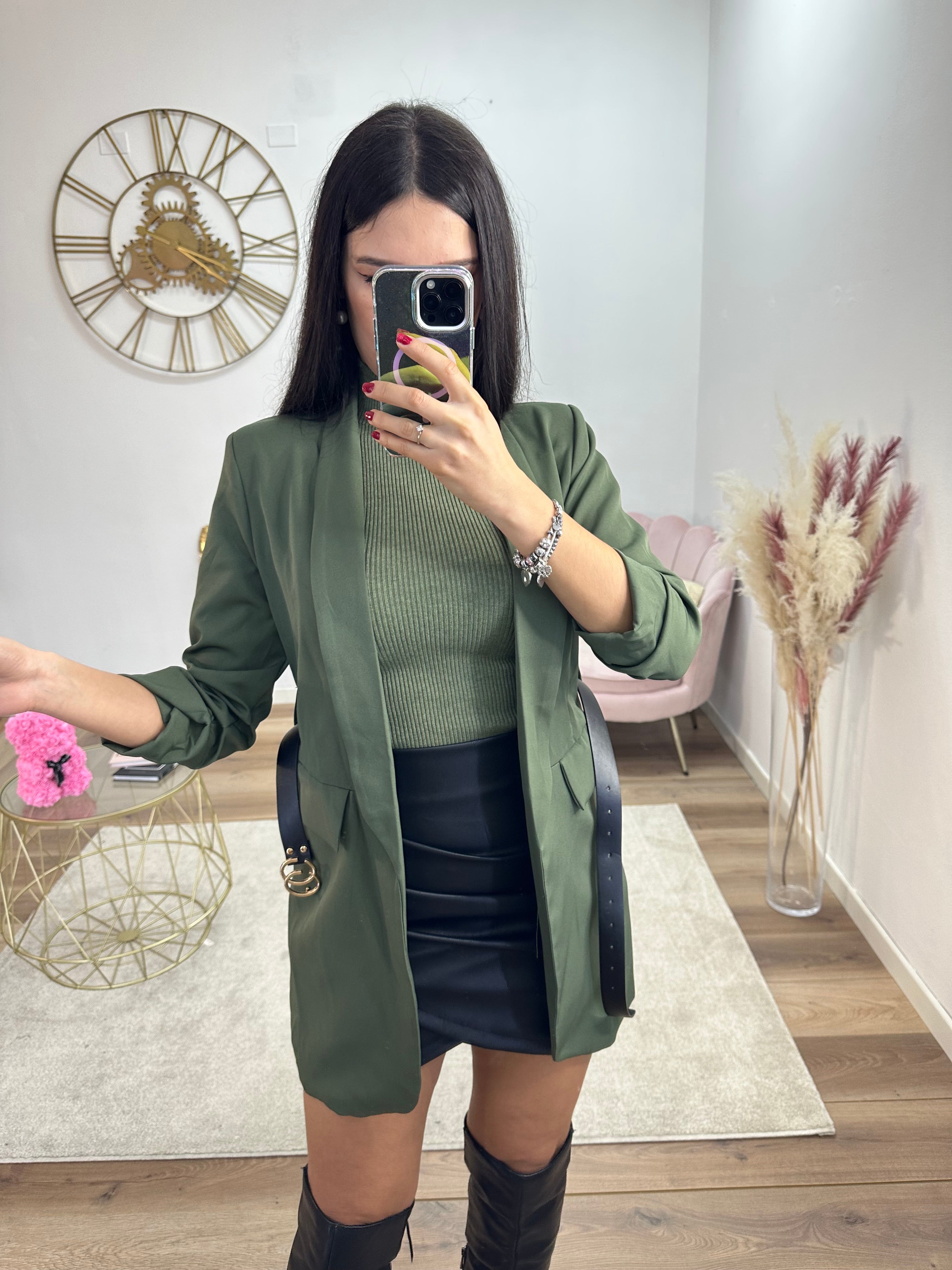 Blazer lungo verde con cintura