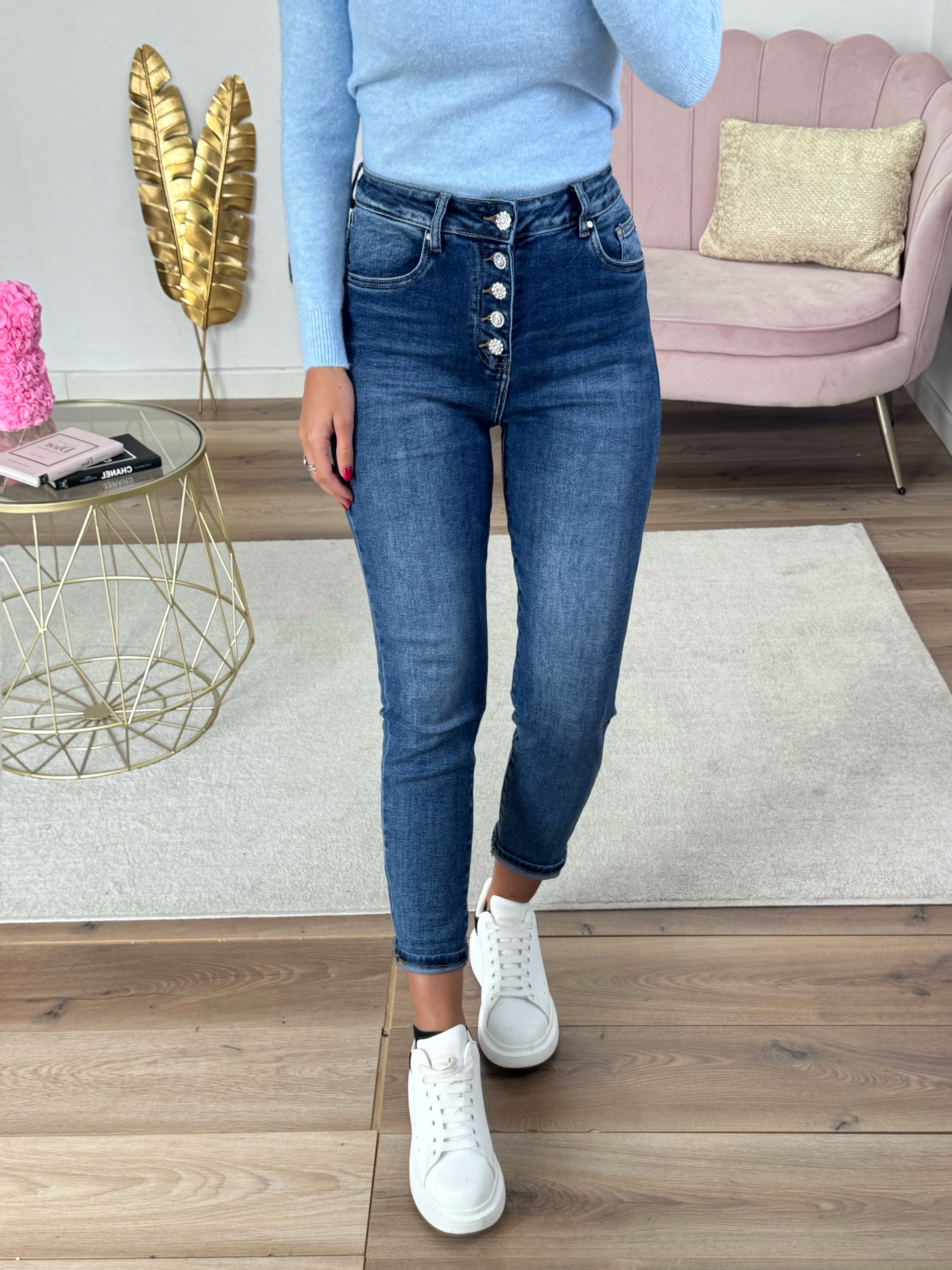 Jeans Mom Fit Bottoni Gioiello Denim